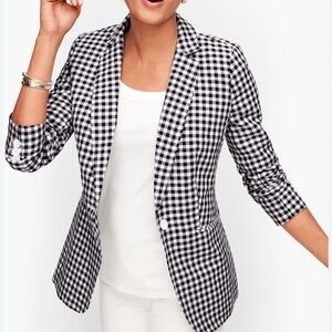 Talbots Classic Linen Blazer Spring Gingham Black White Size 10